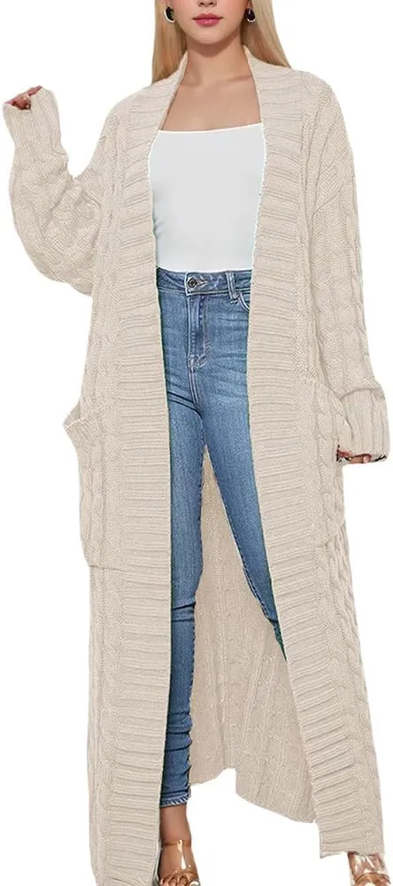 Long Cardigan for Women Fall Open Front Cable Knit Floor Length Cardigans Long Sleeve Duster Cardigans with Pockets