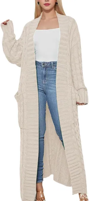 Long Cardigan for Women Fall Open Front Cable Knit Floor Length Cardigans Long Sleeve Duster Cardigans with Pockets