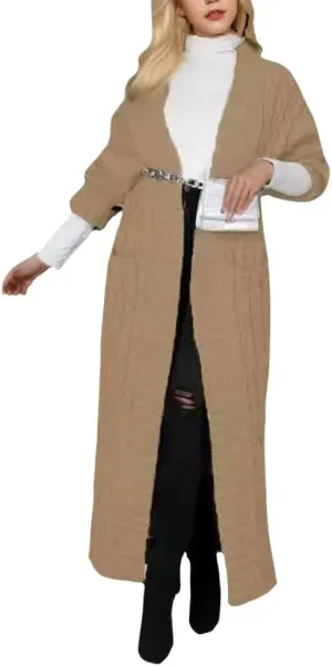 Long Cardigan for Women Fall Open Front Cable Knit Floor Length Cardigans Long Sleeve Duster Cardigans with Pockets