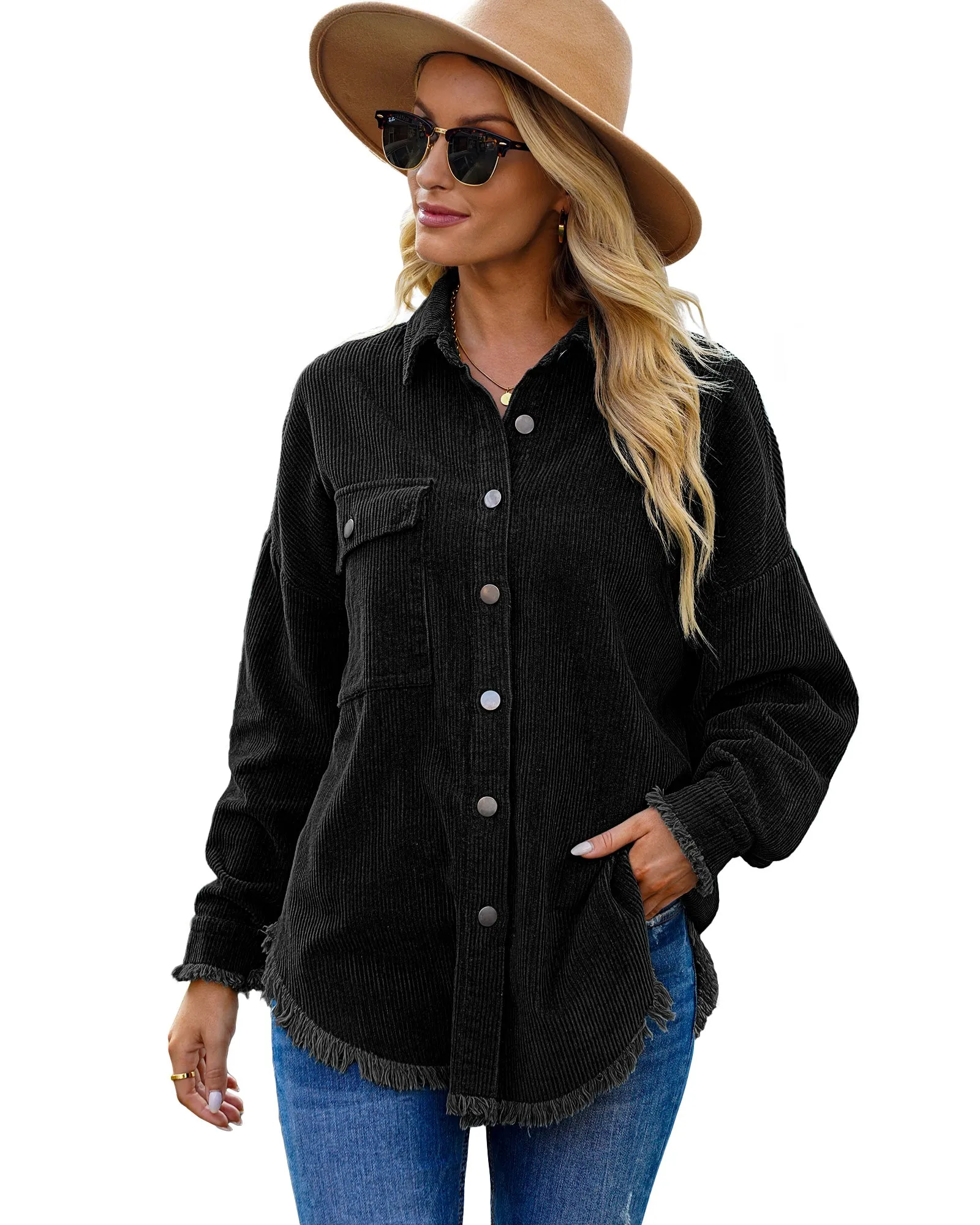 luvamia Womens Shacket Jacket Oversized Corduroy Button Down Shirt Long Sleeve Tops
