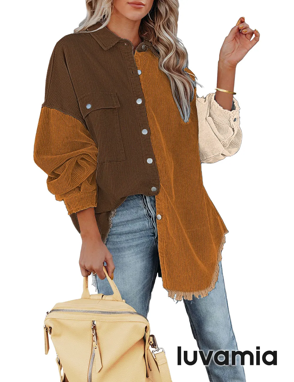 luvamia Womens Shacket Jacket Oversized Corduroy Button Down Shirt Long Sleeve Tops