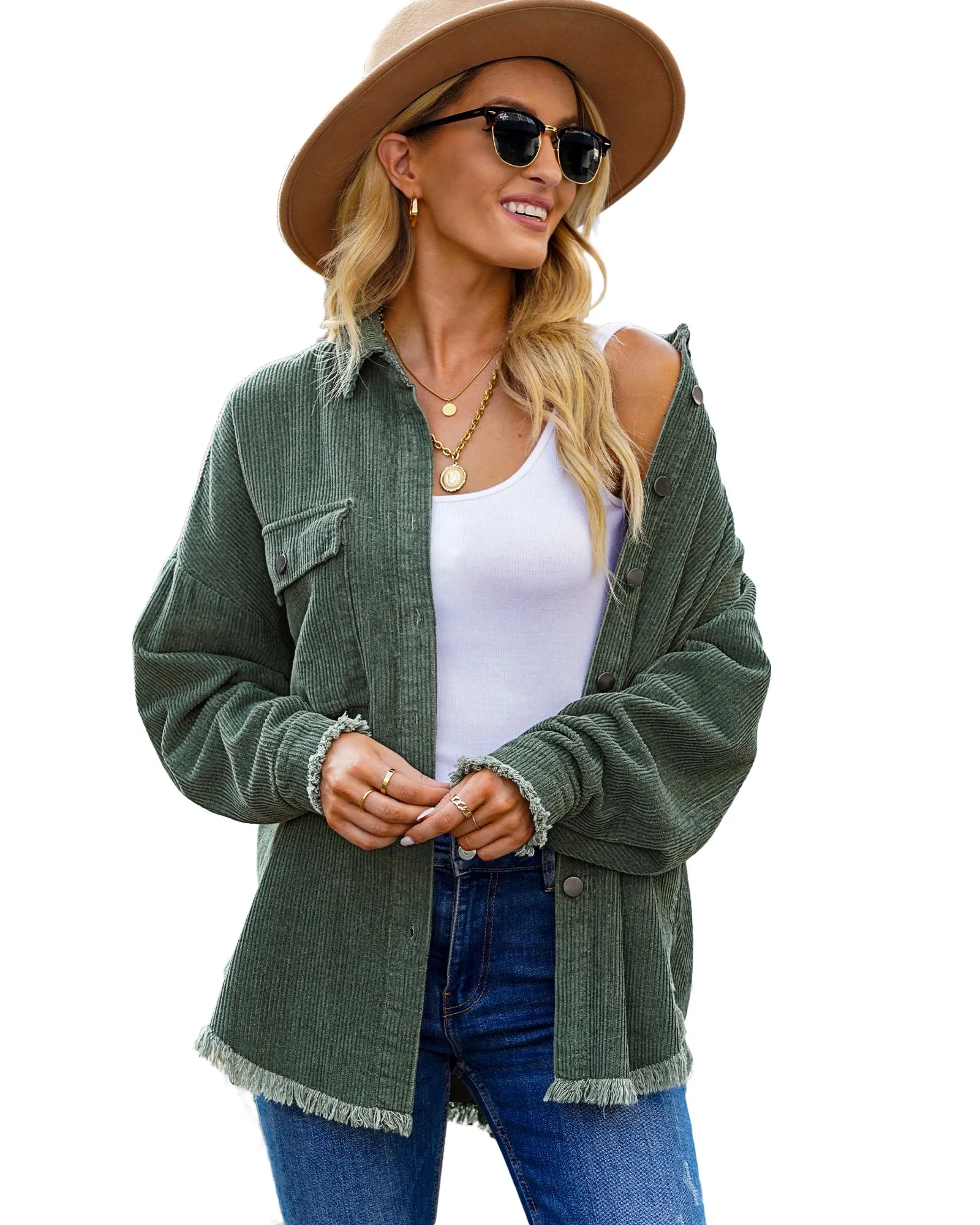 luvamia Womens Shacket Jacket Oversized Corduroy Button Down Shirt Long Sleeve Tops