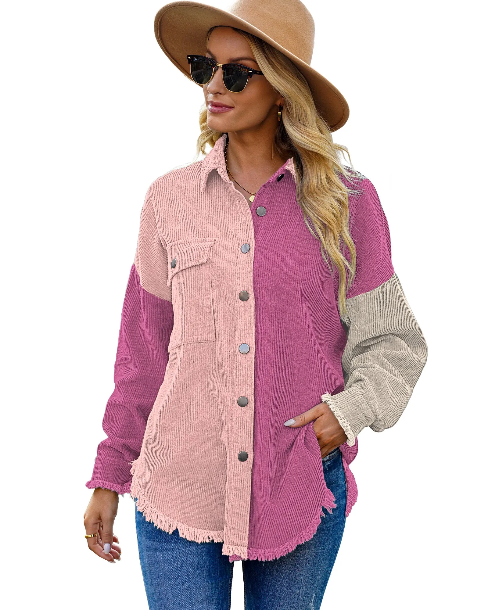 luvamia Womens Shacket Jacket Oversized Corduroy Button Down Shirt Long Sleeve Tops