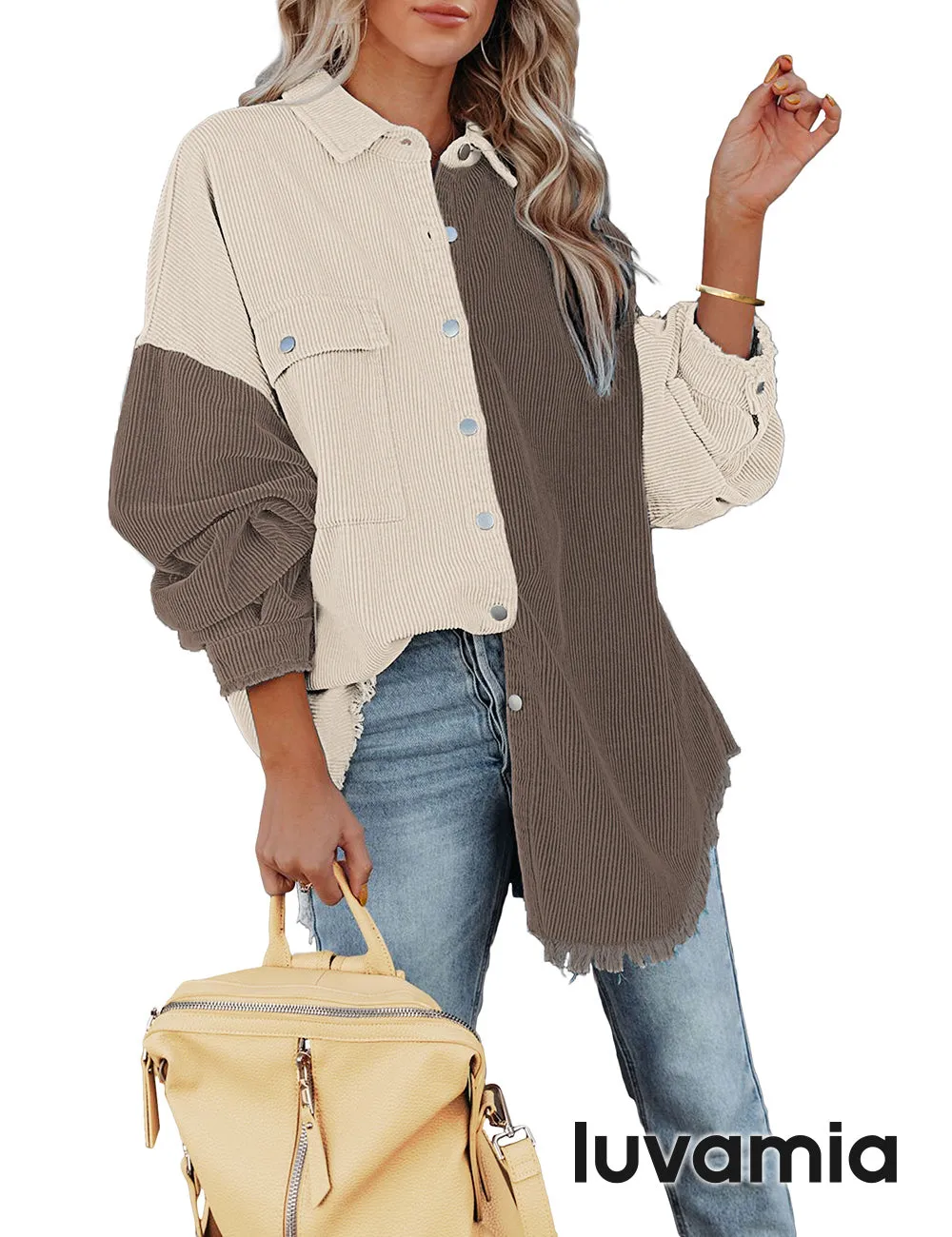luvamia Womens Shacket Jacket Oversized Corduroy Button Down Shirt Long Sleeve Tops