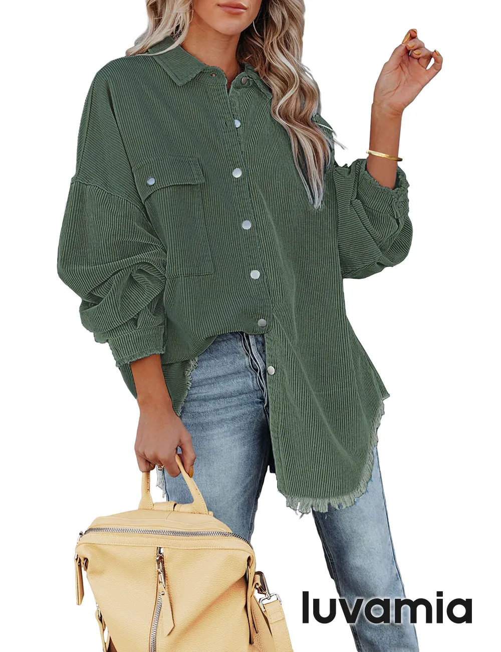 luvamia Womens Shacket Jacket Oversized Corduroy Button Down Shirt Long Sleeve Tops