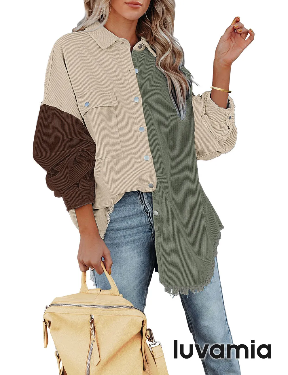 luvamia Womens Shacket Jacket Oversized Corduroy Button Down Shirt Long Sleeve Tops