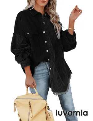 luvamia Womens Shacket Jacket Oversized Corduroy Button Down Shirt Long Sleeve Tops