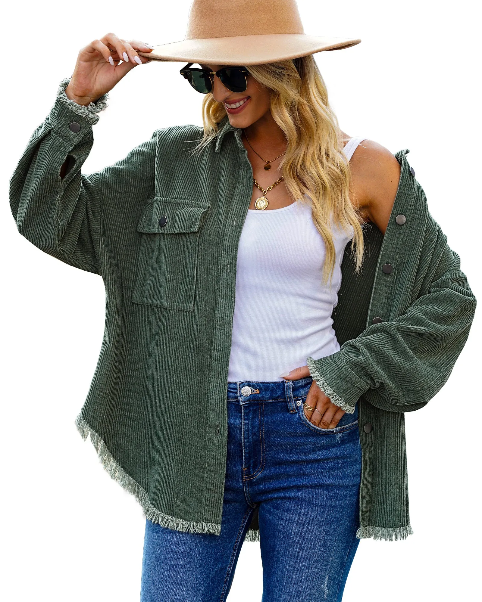 luvamia Womens Shacket Jacket Oversized Corduroy Button Down Shirt Long Sleeve Tops