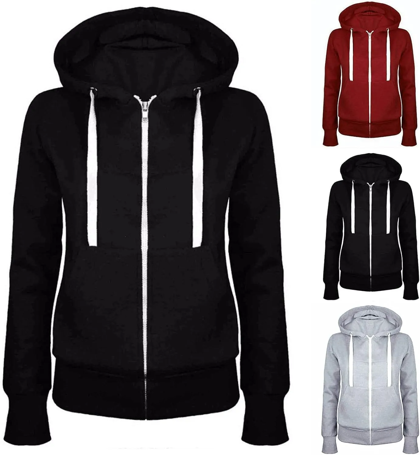 maisdgop Hoodies for Women Casual Solid Color Drawstring Pullover Fashion Zipper Fleece Sweater Coat Comfy Loose Slim Hoodie