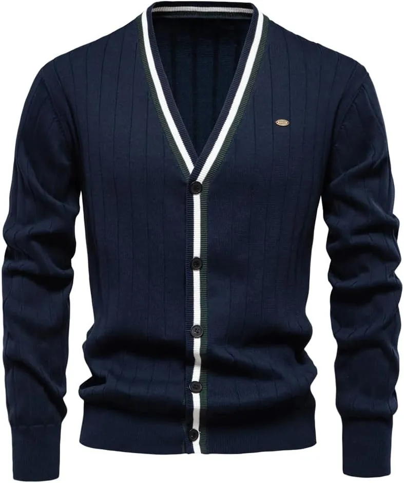 Mens Cotton Cardigan Sweaters Long Sleeve V-Neck Cardigans Button-up Knitted Sweater