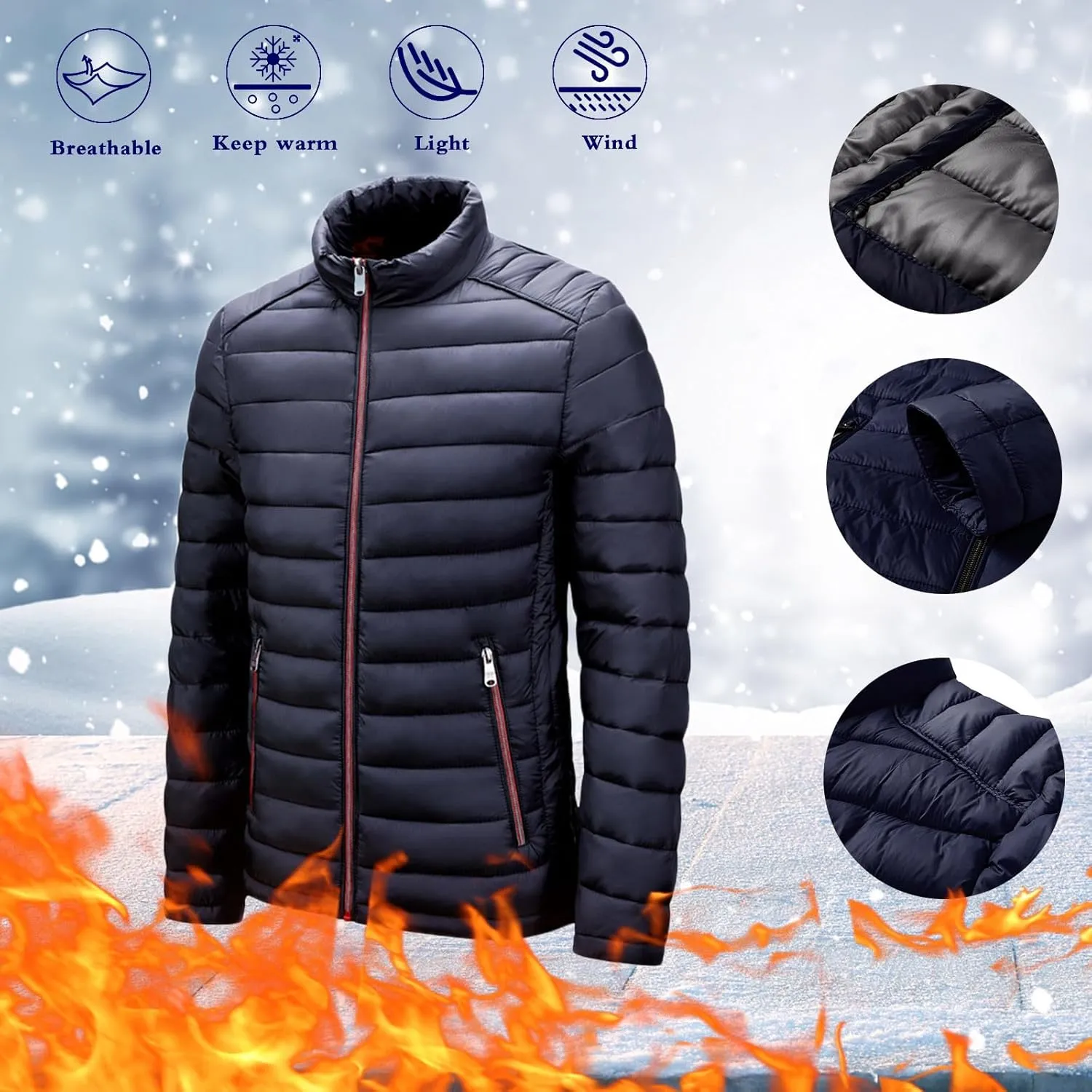 Men's Down Jackets & Coats No Hood Waterproof Full Zip Up Winter Warm Down Jacket Quilted Insulated Puffy Jackets