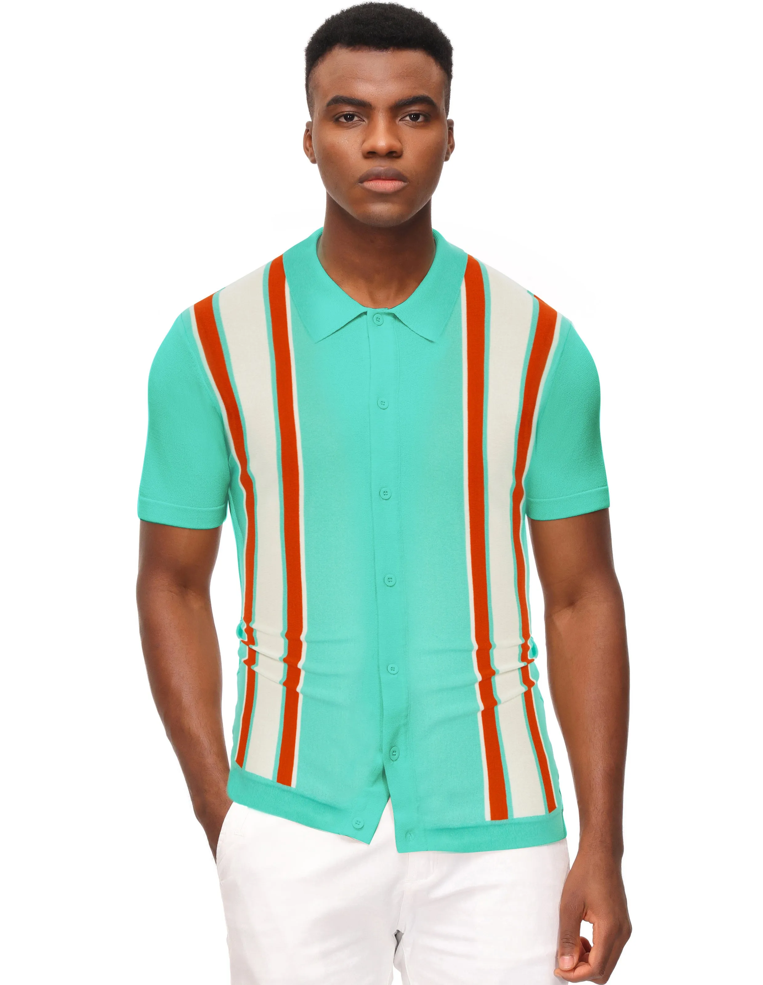 Mens Polo Shirts Vintage Striped Lightweight Knitting Golf Cardigans Shirts