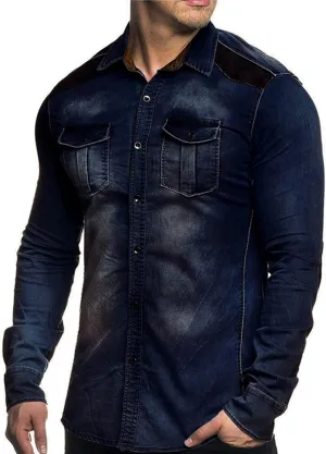 Men's Washed Denim Shirt Classic Trucker Jacket Cowboy Western Shirt Button Down Slim Fit Hunting Long Sleeve Shirt