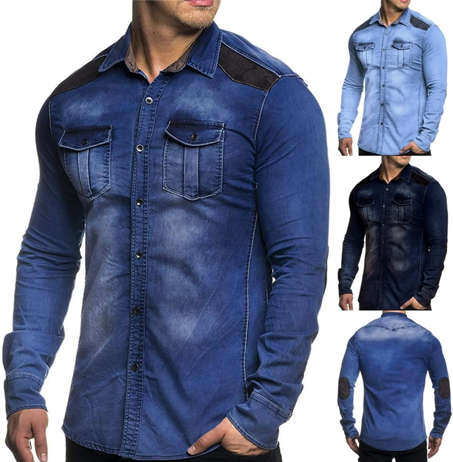 Men's Washed Denim Shirt Classic Trucker Jacket Cowboy Western Shirt Button Down Slim Fit Hunting Long Sleeve Shirt
