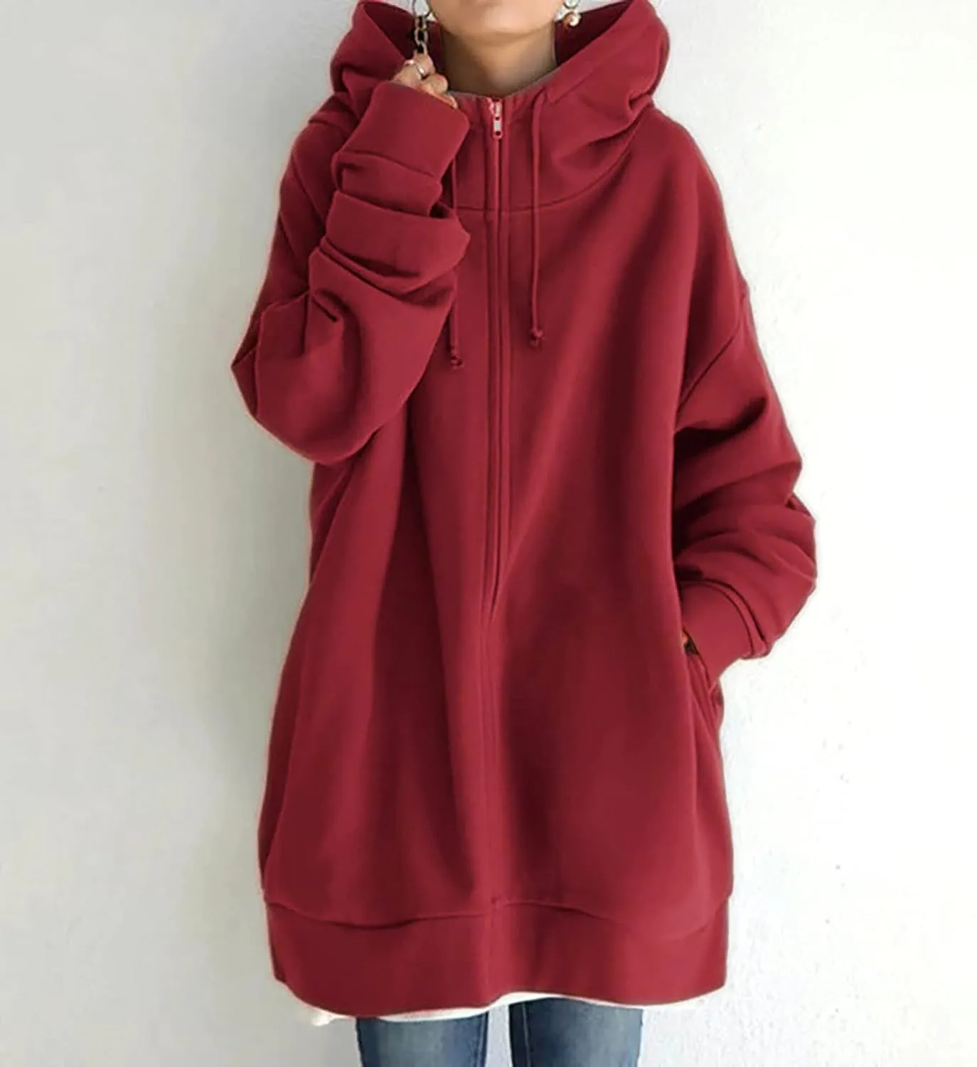 Oversized Zip Up Hoodies for Women Plus Size Long Fleece Jacket Casual Long Sleeve Cute Fall Coat with Pockets