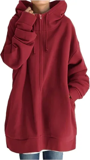 Oversized Zip Up Hoodies for Women Plus Size Long Fleece Jacket Casual Long Sleeve Cute Fall Coat with Pockets