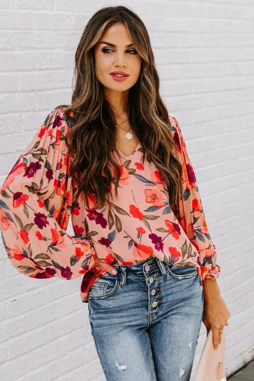 Pink Floral Long Sleeve Pullover Blouse