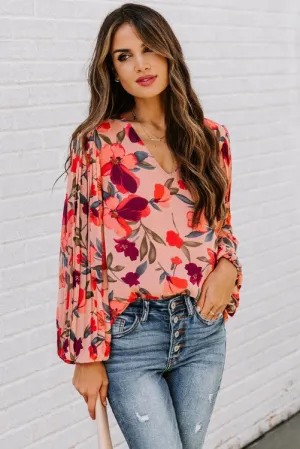 Pink Floral Long Sleeve Pullover Blouse