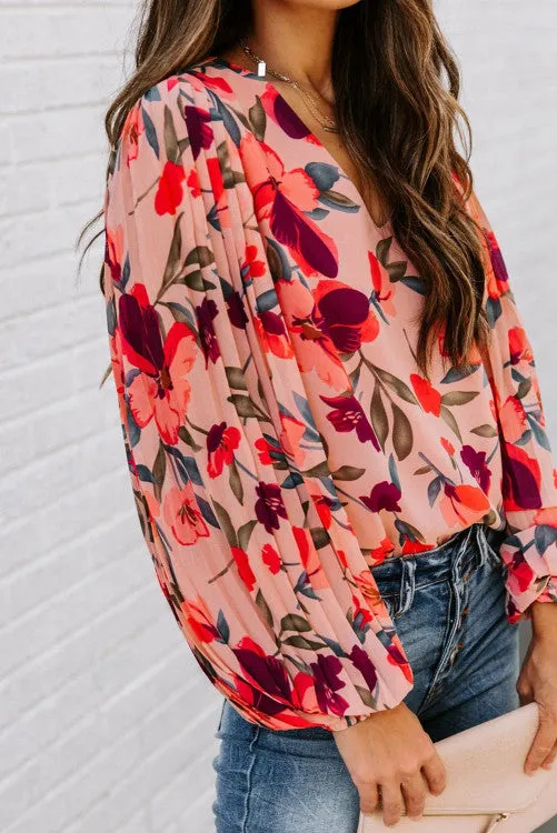 Pink Floral Long Sleeve Pullover Blouse