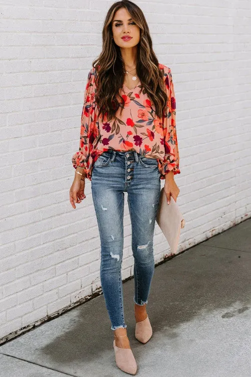 Pink Floral Long Sleeve Pullover Blouse