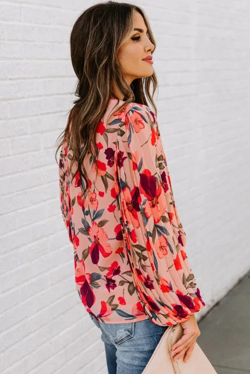 Pink Floral Long Sleeve Pullover Blouse