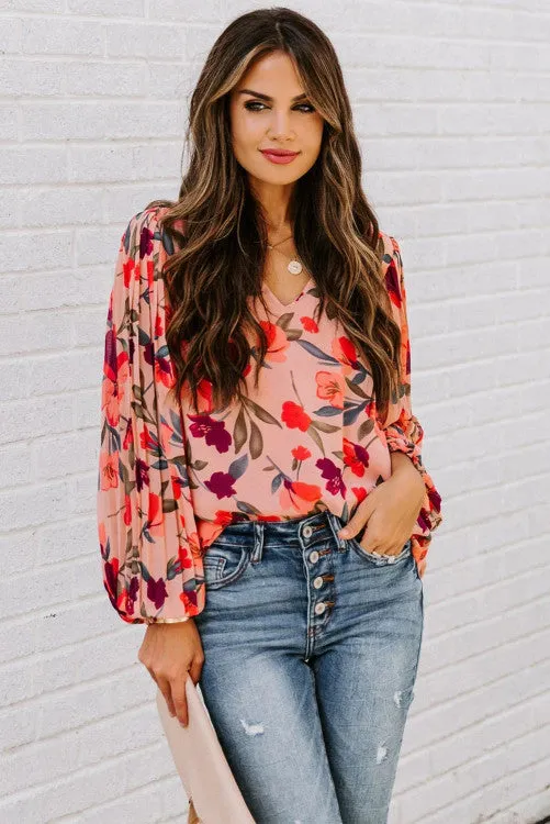 Pink Floral Long Sleeve Pullover Blouse