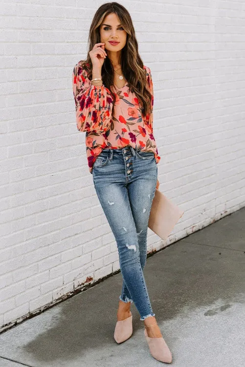 Pink Floral Long Sleeve Pullover Blouse
