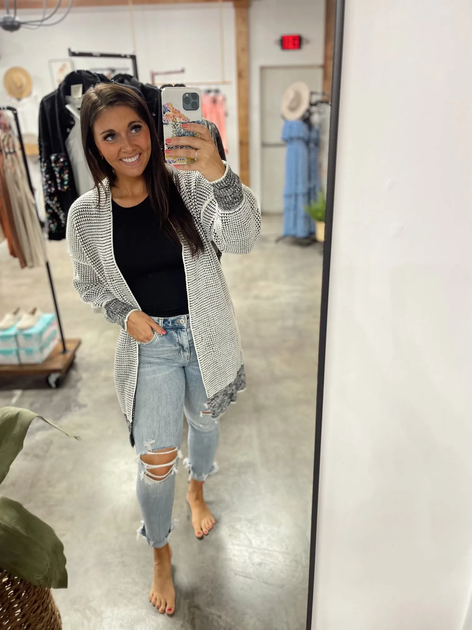 Plaid Long Sleeve Open Front Knit Sweater