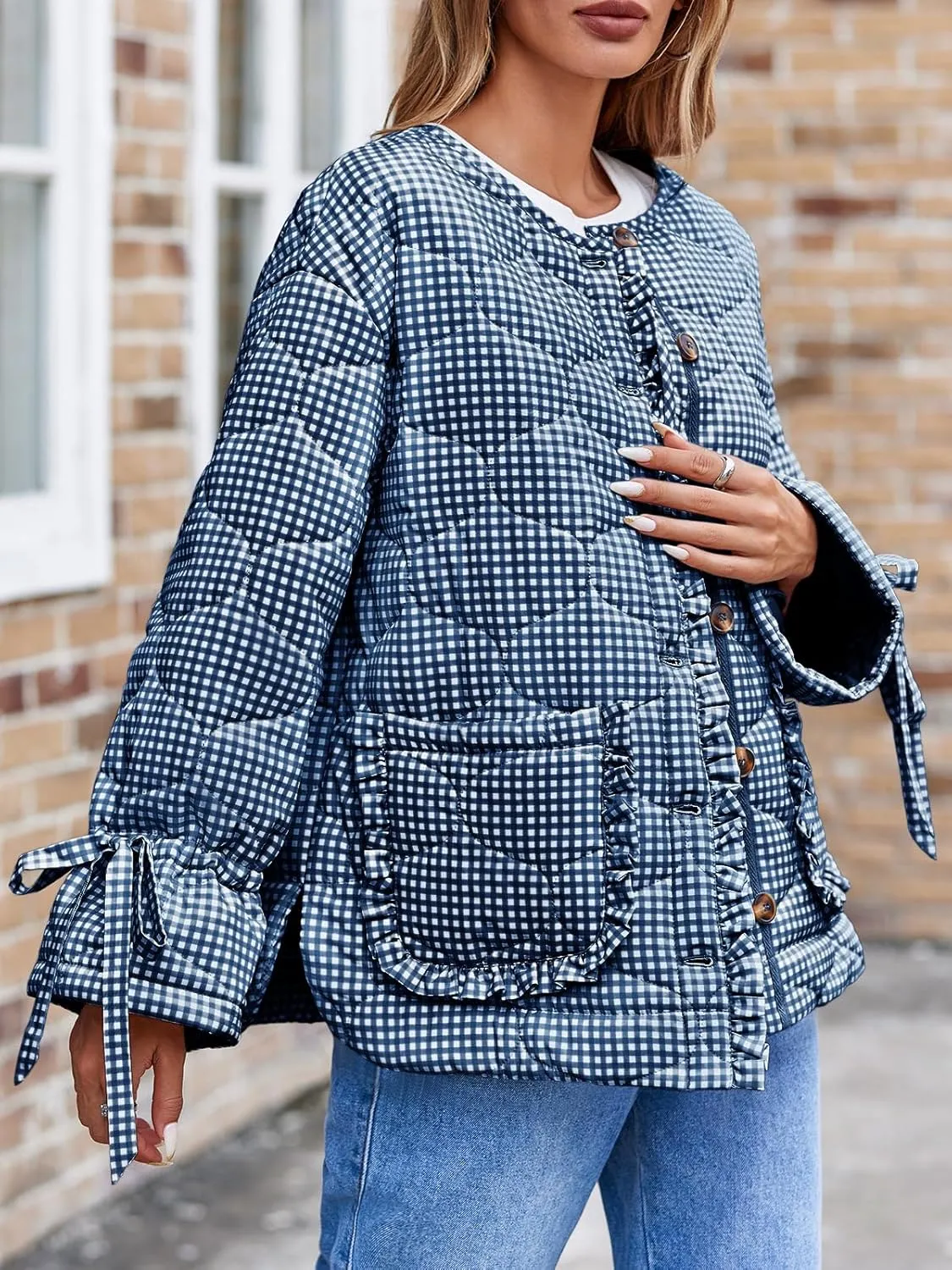 Tankaneo Womens Cropped Quilted Puffer Jackets Lightweight Plaid Button Down Bow Padded Down Coat