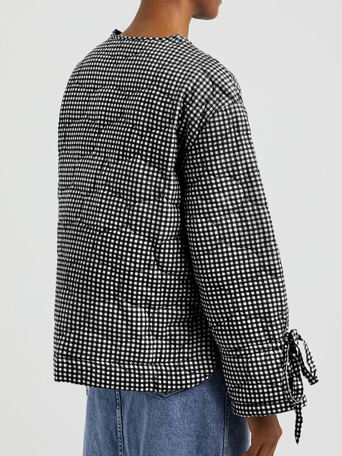 Tankaneo Womens Cropped Quilted Puffer Jackets Lightweight Plaid Button Down Bow Padded Down Coat