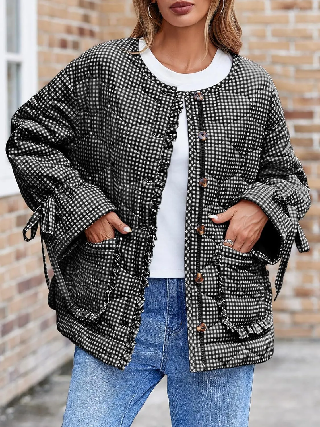 Tankaneo Womens Cropped Quilted Puffer Jackets Lightweight Plaid Button Down Bow Padded Down Coat