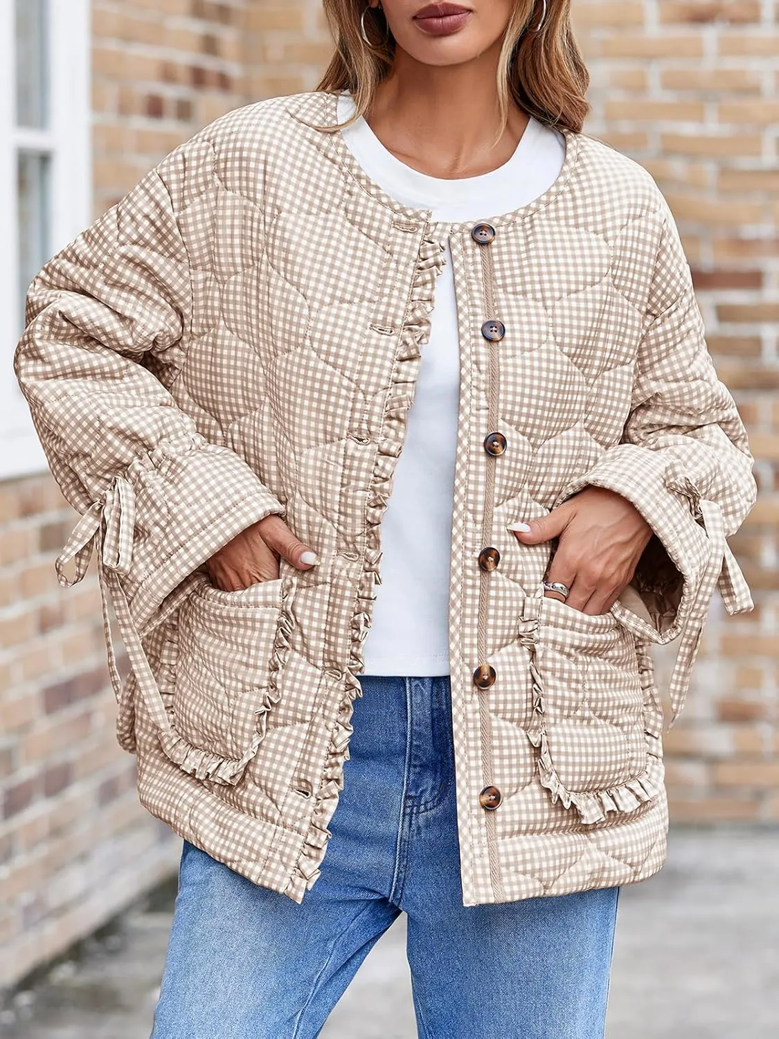 Tankaneo Womens Cropped Quilted Puffer Jackets Lightweight Plaid Button Down Bow Padded Down Coat