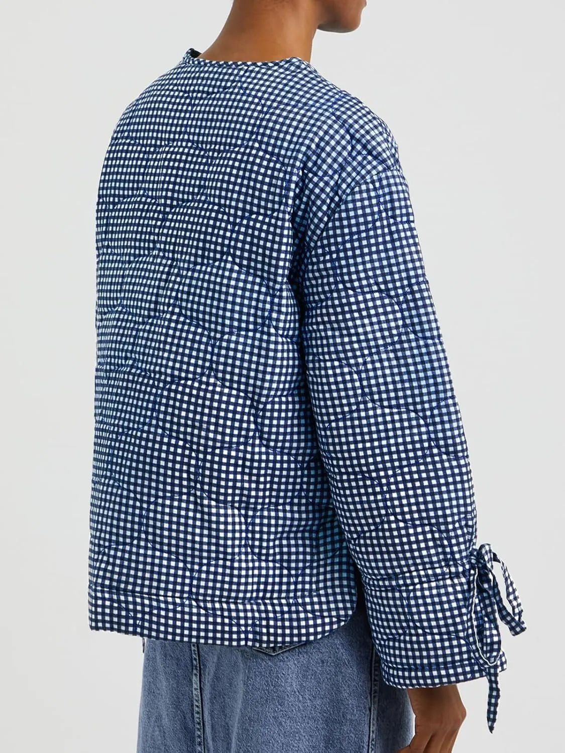 Tankaneo Womens Cropped Quilted Puffer Jackets Lightweight Plaid Button Down Bow Padded Down Coat