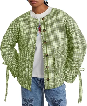 Tankaneo Womens Cropped Quilted Puffer Jackets Lightweight Plaid Button Down Bow Padded Down Coat