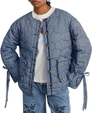 Tankaneo Womens Cropped Quilted Puffer Jackets Lightweight Plaid Button Down Bow Padded Down Coat