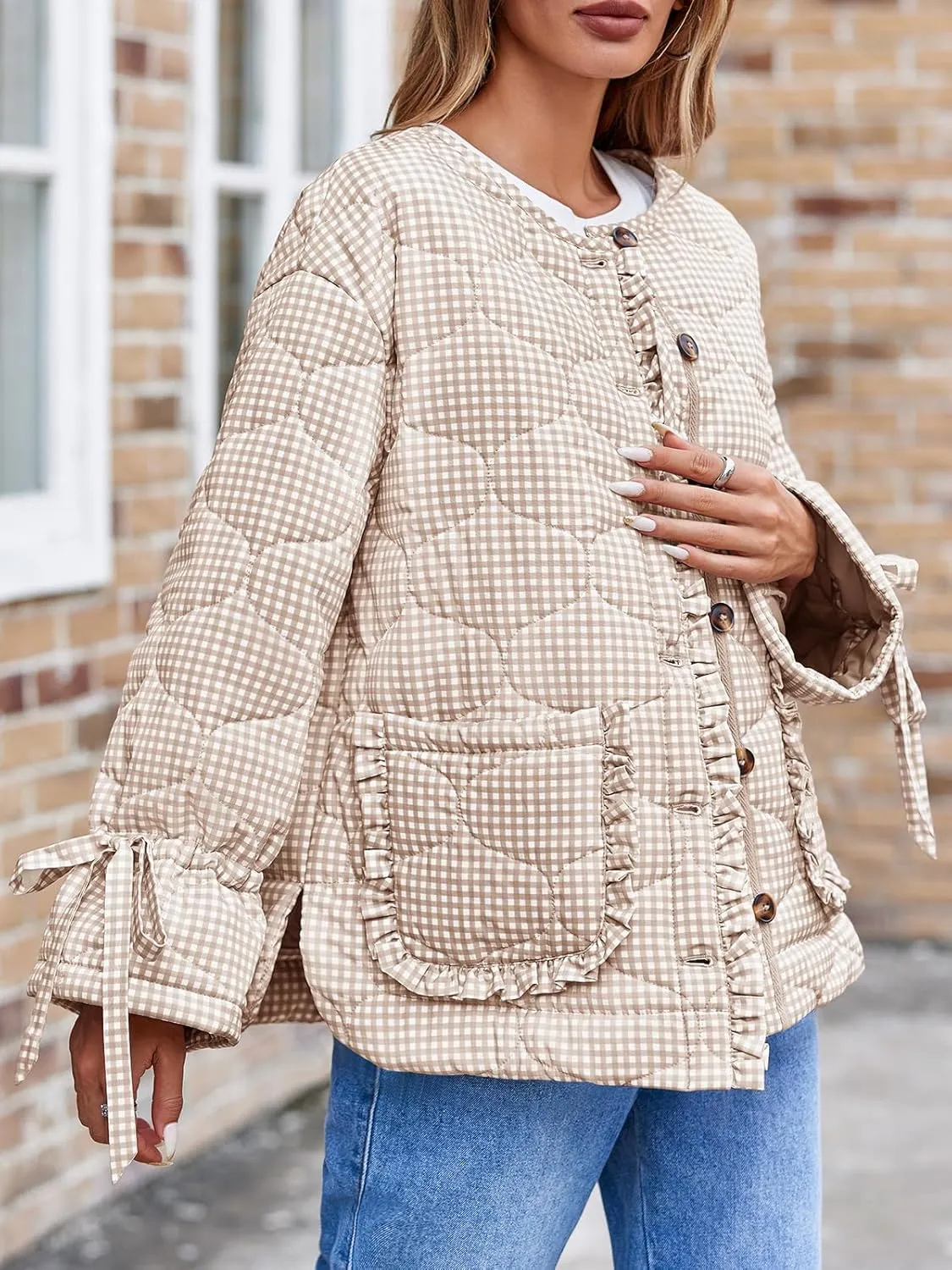 Tankaneo Womens Cropped Quilted Puffer Jackets Lightweight Plaid Button Down Bow Padded Down Coat