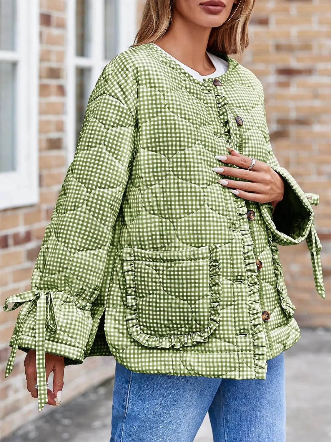 Tankaneo Womens Cropped Quilted Puffer Jackets Lightweight Plaid Button Down Bow Padded Down Coat