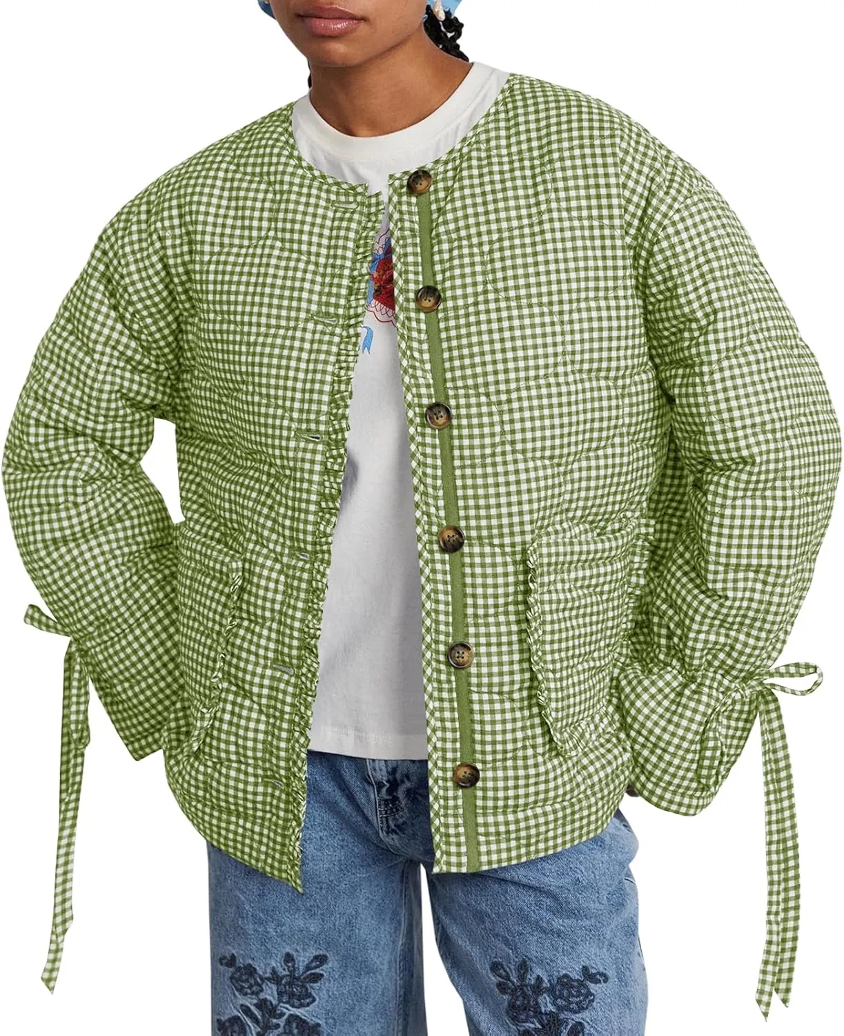 Tankaneo Womens Cropped Quilted Puffer Jackets Lightweight Plaid Button Down Bow Padded Down Coat