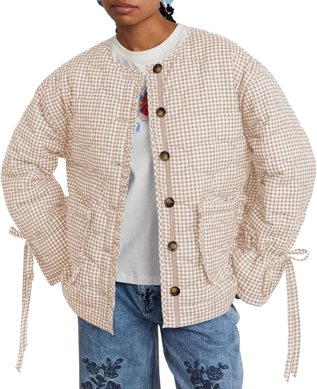 Tankaneo Womens Cropped Quilted Puffer Jackets Lightweight Plaid Button Down Bow Padded Down Coat