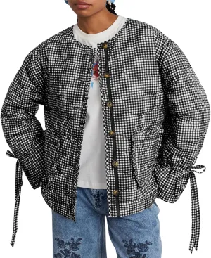 Tankaneo Womens Cropped Quilted Puffer Jackets Lightweight Plaid Button Down Bow Padded Down Coat