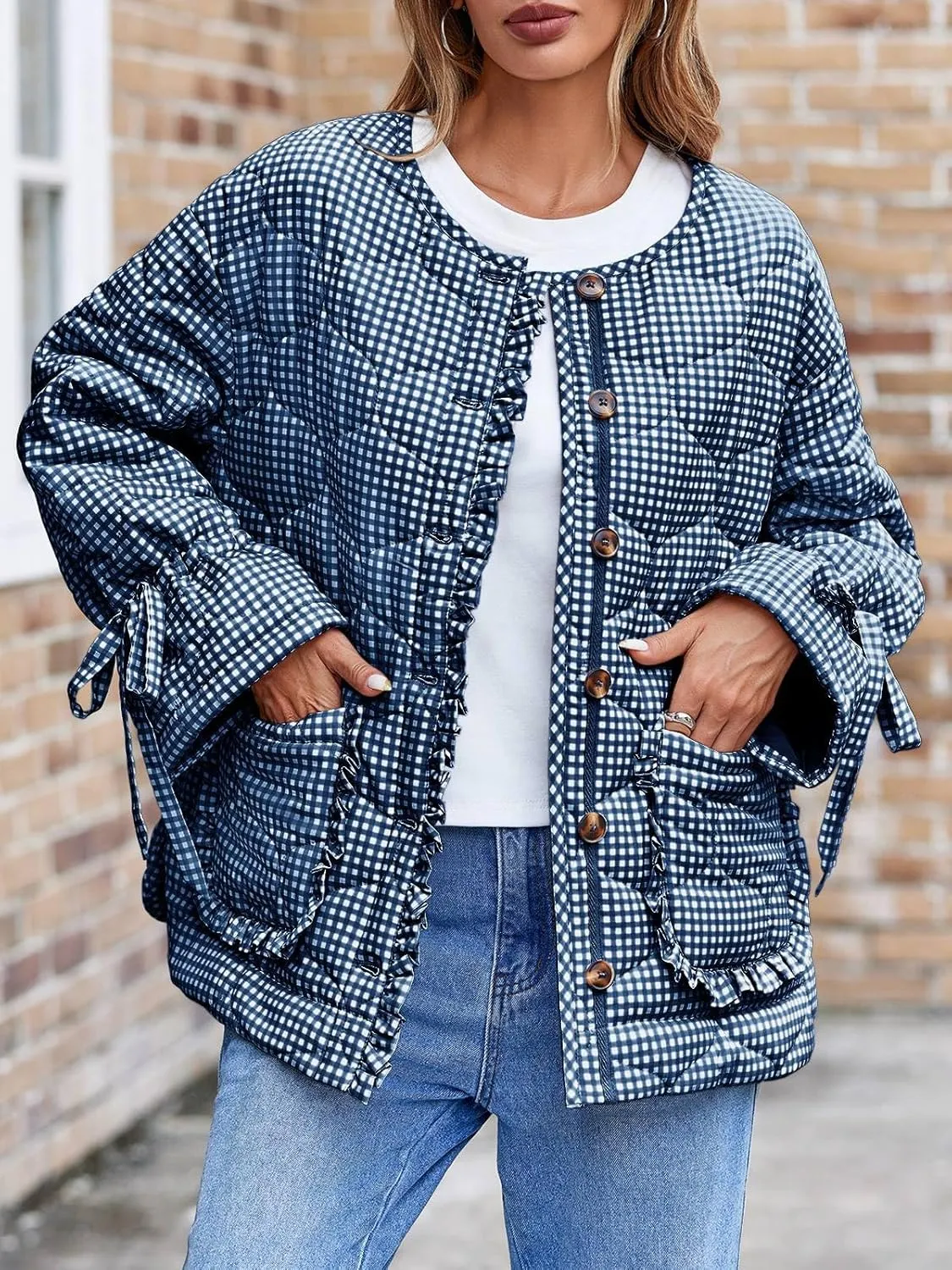 Tankaneo Womens Cropped Quilted Puffer Jackets Lightweight Plaid Button Down Bow Padded Down Coat