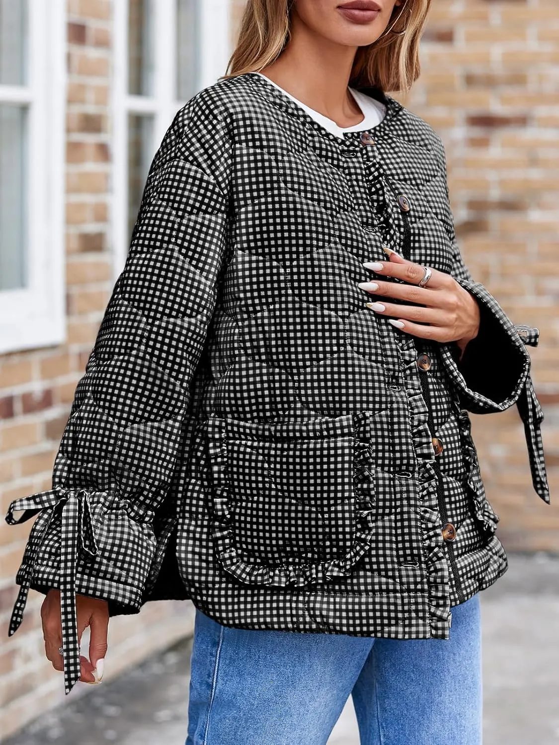 Tankaneo Womens Cropped Quilted Puffer Jackets Lightweight Plaid Button Down Bow Padded Down Coat