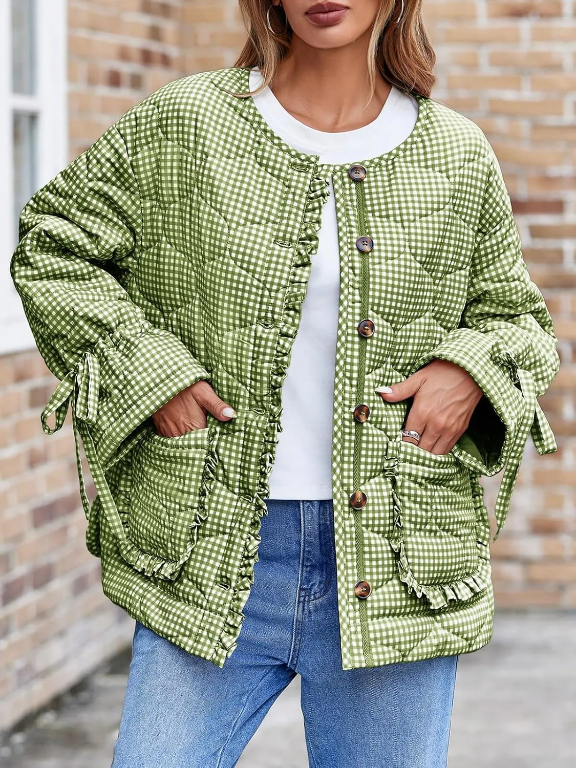 Tankaneo Womens Cropped Quilted Puffer Jackets Lightweight Plaid Button Down Bow Padded Down Coat