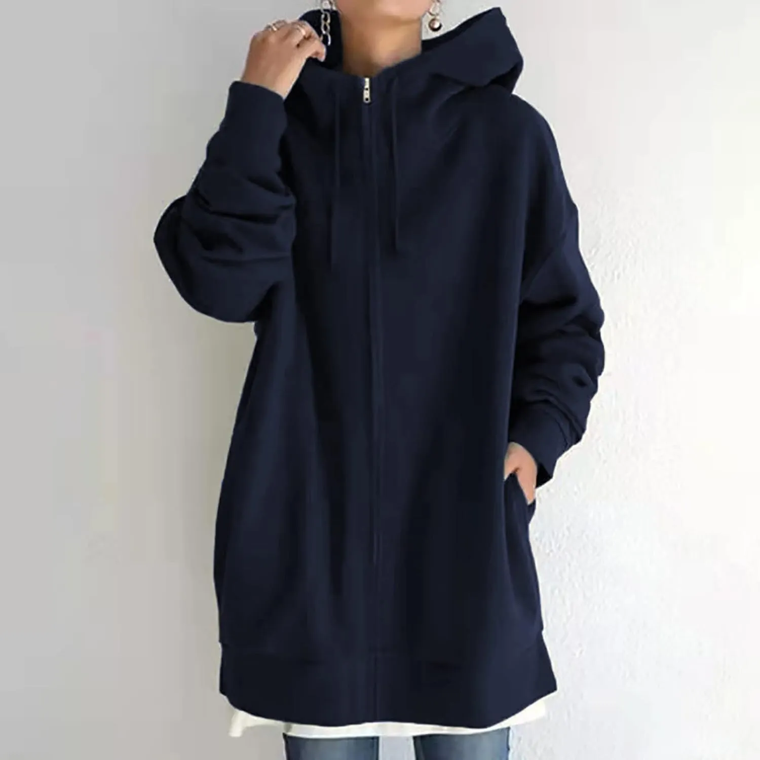 Women Long Sweatshirt Pullover Long Sleeve Solid Color Zip Up Hoodies Slim Fit Casual Fall Winter Shirts with Pocket