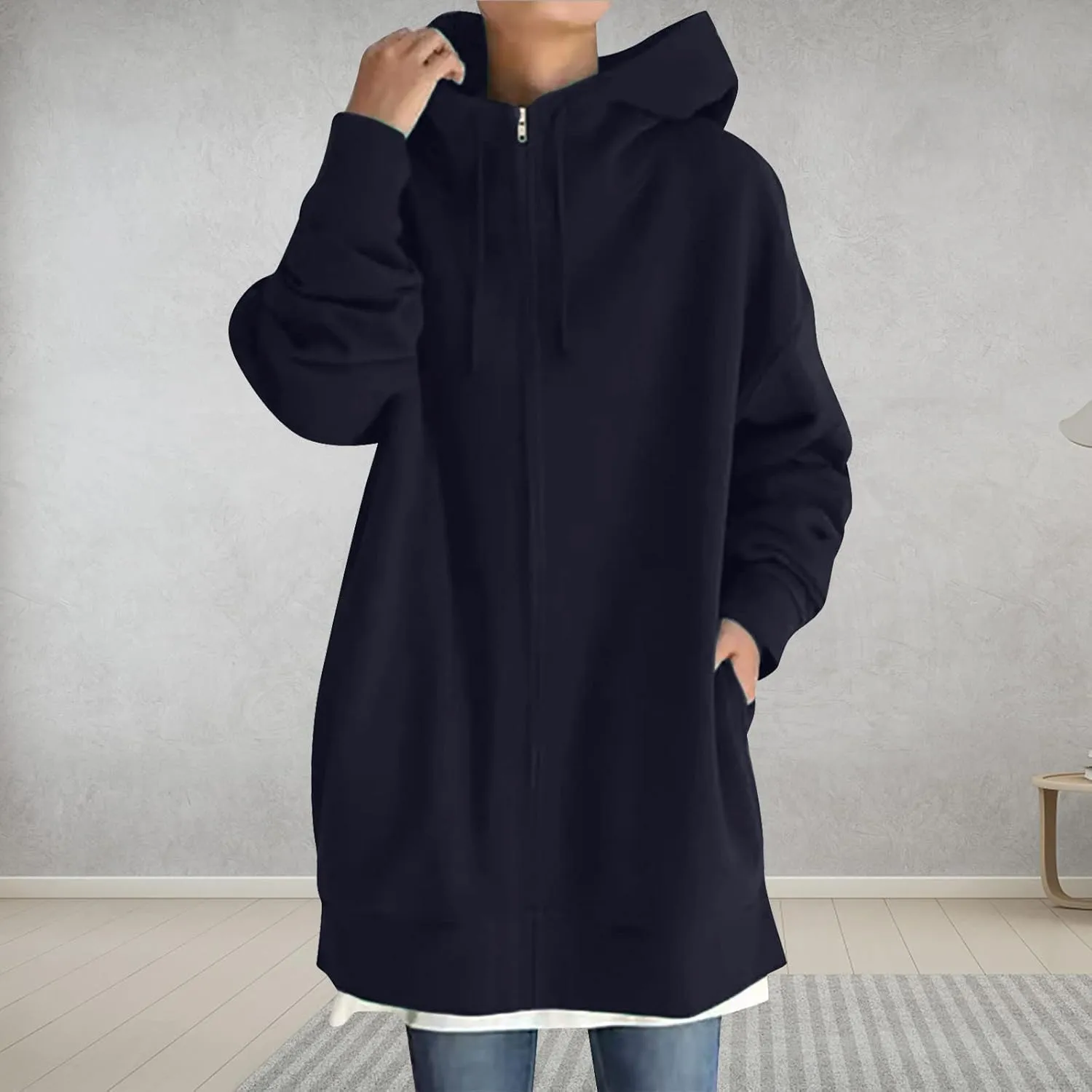 Women Long Sweatshirt Pullover Long Sleeve Solid Color Zip Up Hoodies Slim Fit Casual Fall Winter Shirts with Pocket