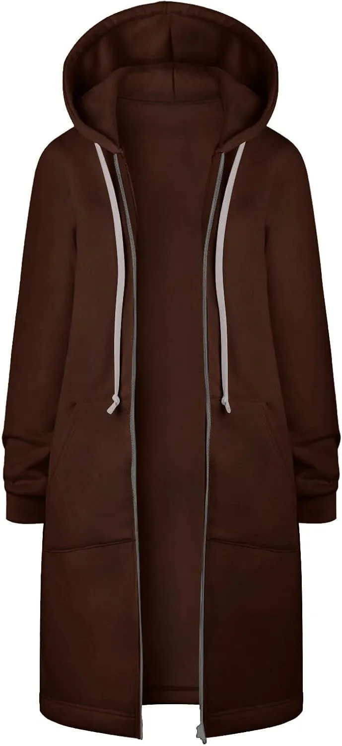 Women Long Sweatshirt Solid Color Full Zip Fleece Plush Hoodies Pullover Loose Fit Casual Clothes Fall Winter Shirts