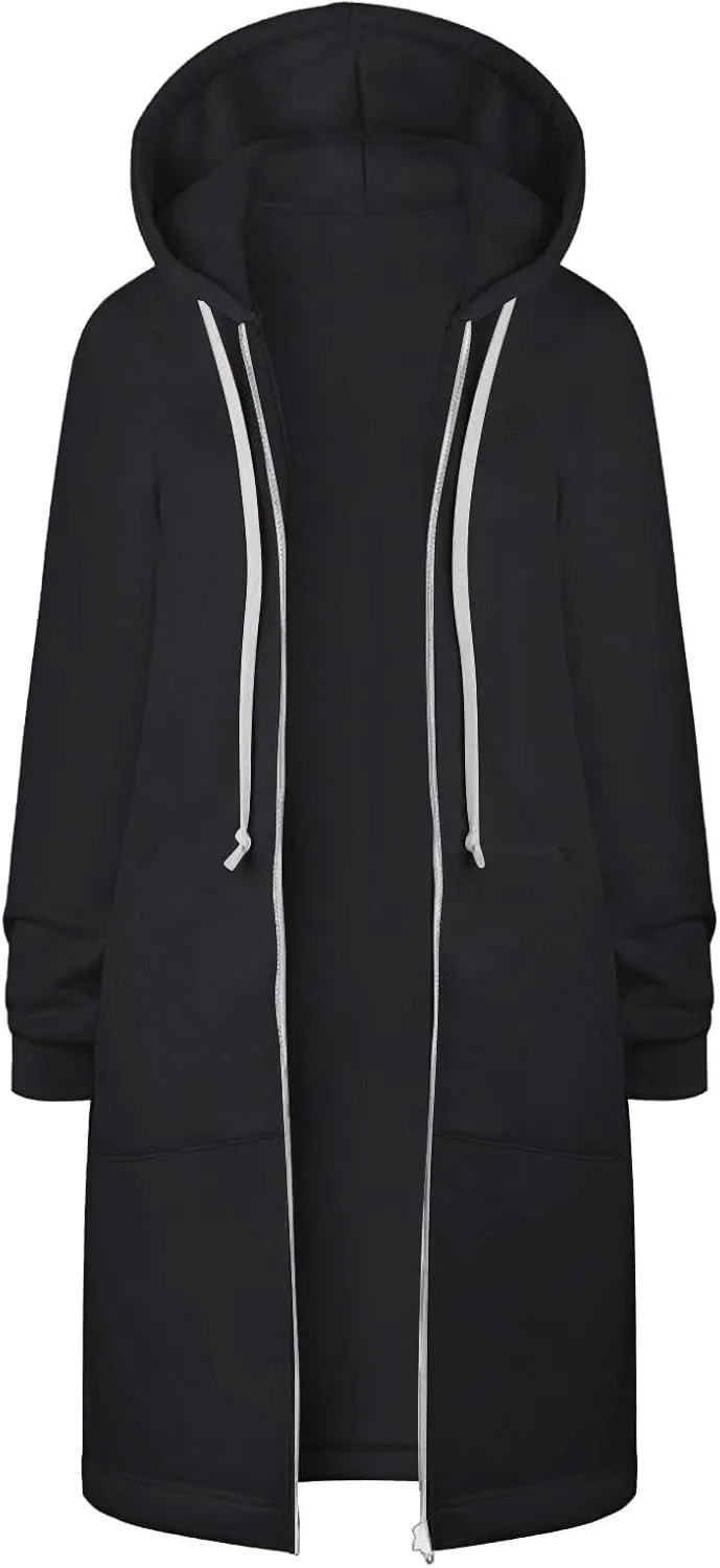 Women Long Sweatshirt Solid Color Full Zip Fleece Plush Hoodies Pullover Loose Fit Casual Clothes Fall Winter Shirts