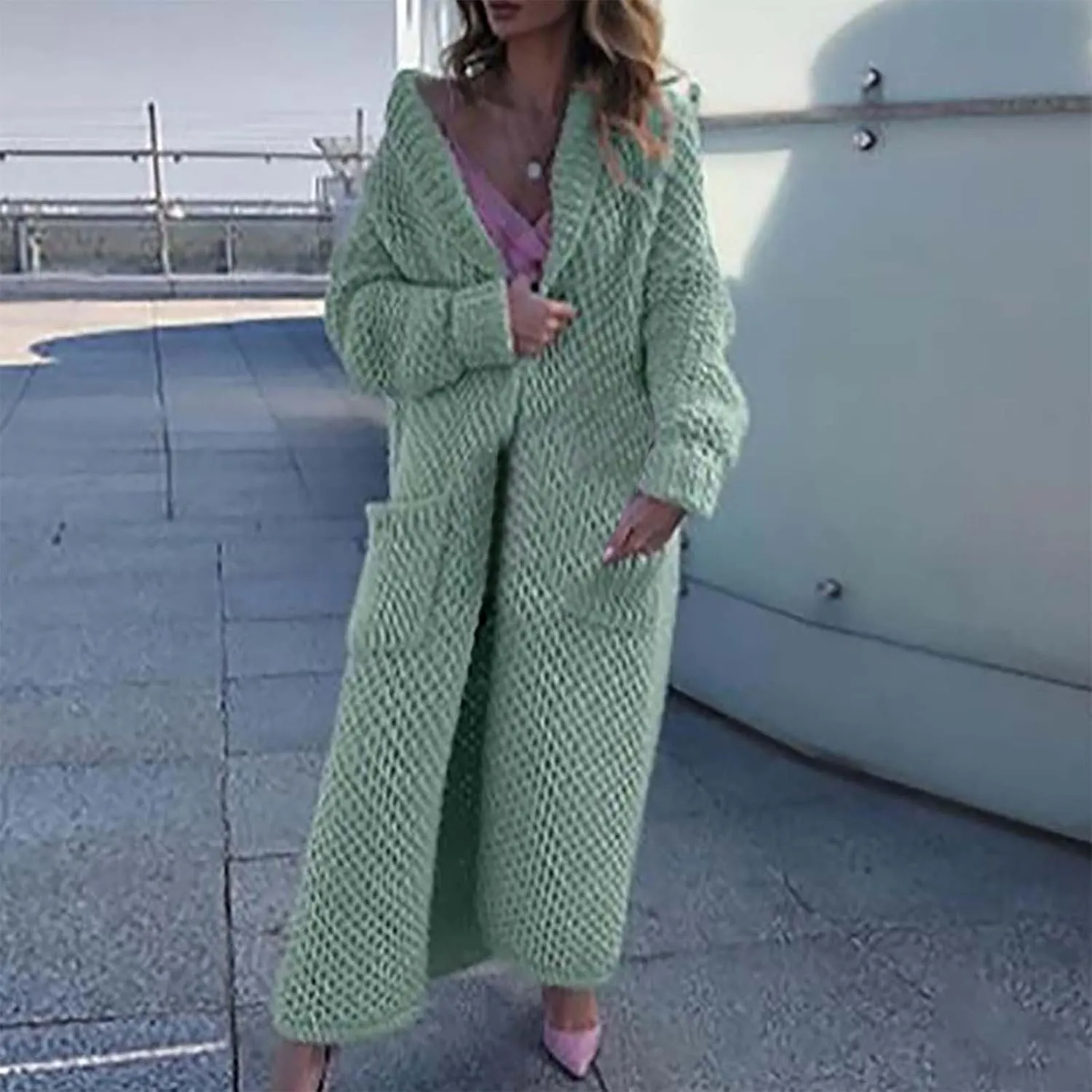 Women's 2024 Fall Winter Casual Long Sleeve Lapel Knit Cardigan Sweater Loose Trendy Clothing Outerwear with Pockets