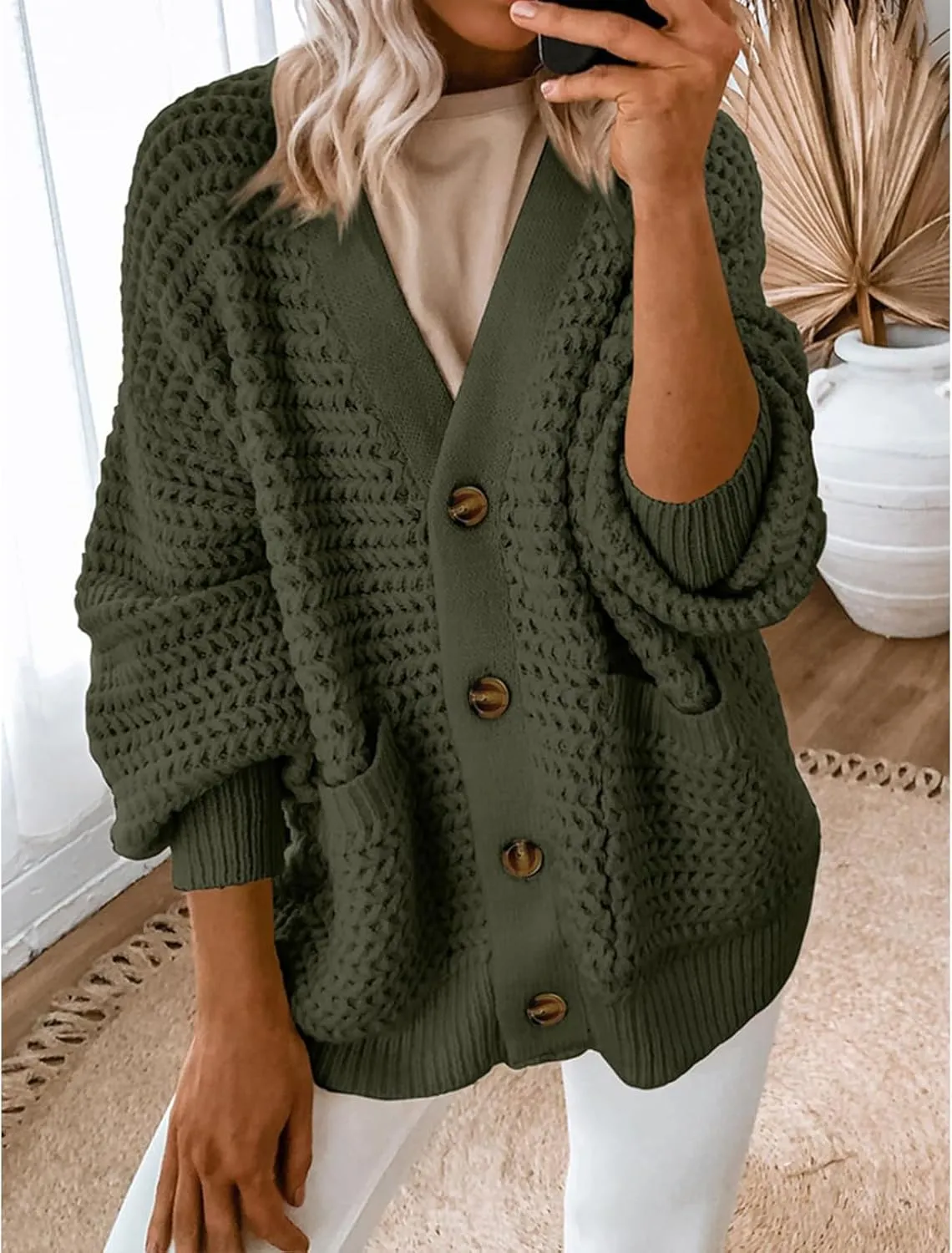 Womens Cardigan Sweaters Button Up Chunky Knit Cardigans V Neck Loose Fit Jackets Outwear