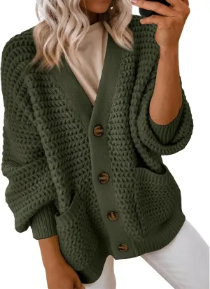 Womens Cardigan Sweaters Button Up Chunky Knit Cardigans V Neck Loose Fit Jackets Outwear